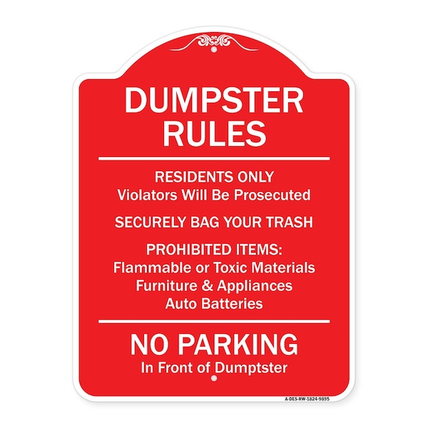 Residents Only Violators Prosecuted Bag Your Trash No Parking In Front Of Dumpster, RW-1824-9895